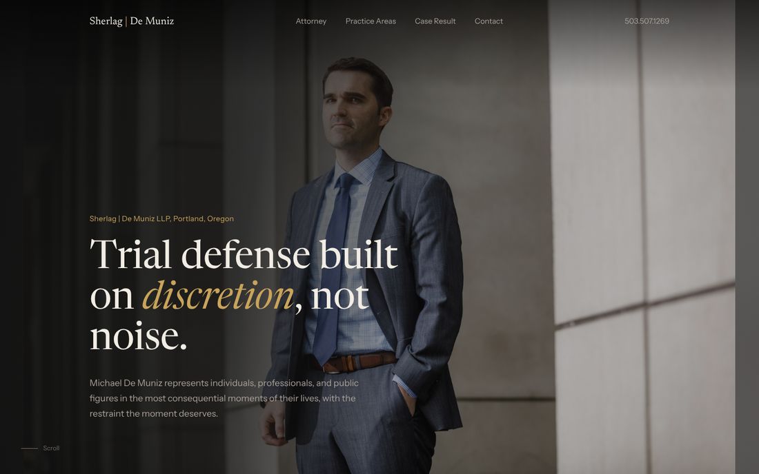 Preview of Concept 01, Editorial: a calm opening screen with large type over Michael De Muniz's portrait
