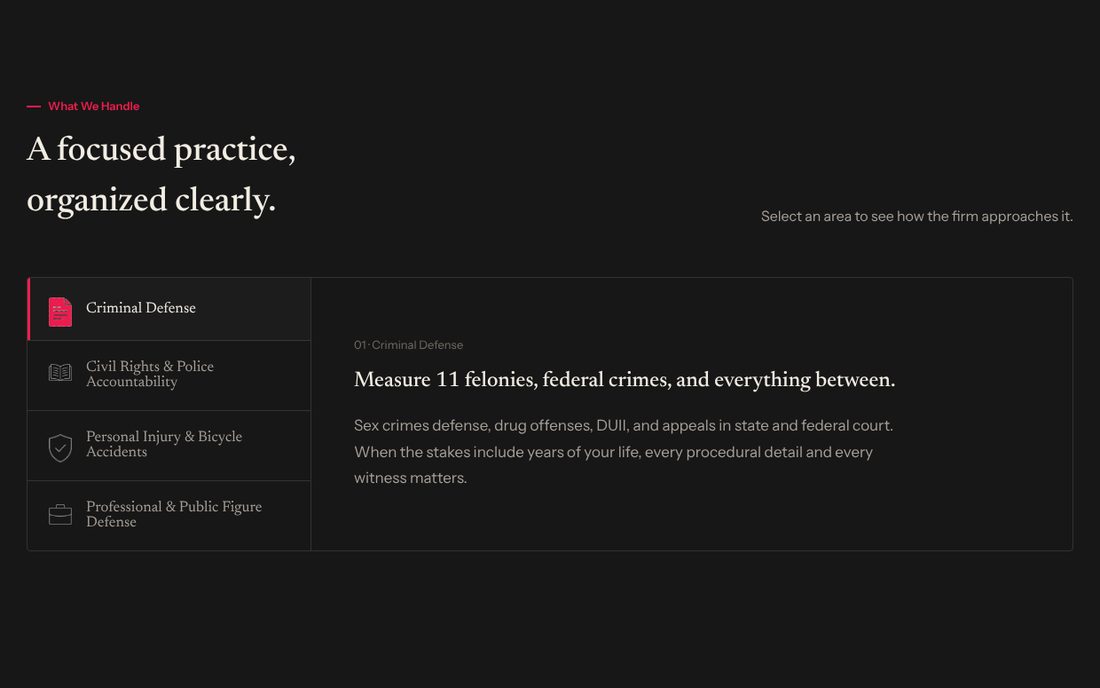 Concept 02 Practice Areas: clickable tabs with a detail panel