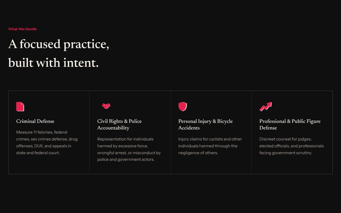 Concept 03 Practice Areas: four cards with bold icons