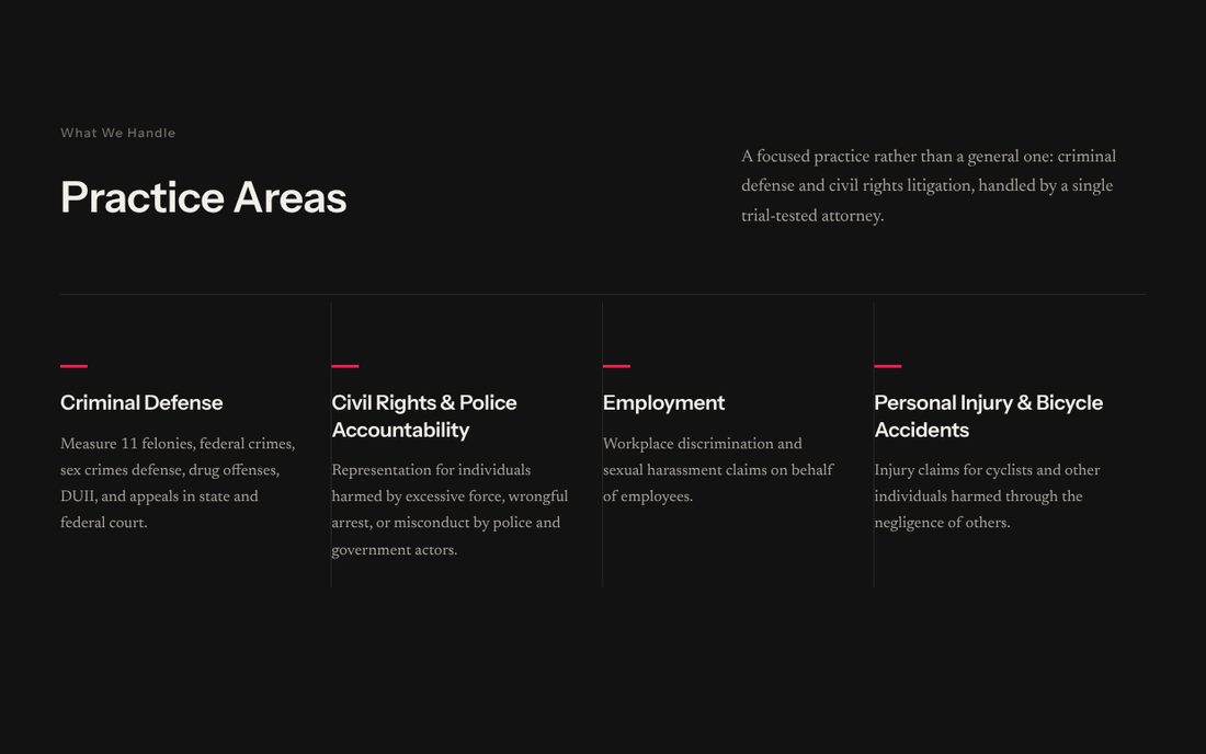 Concept 04 Practice Areas: four columns with a red accent line